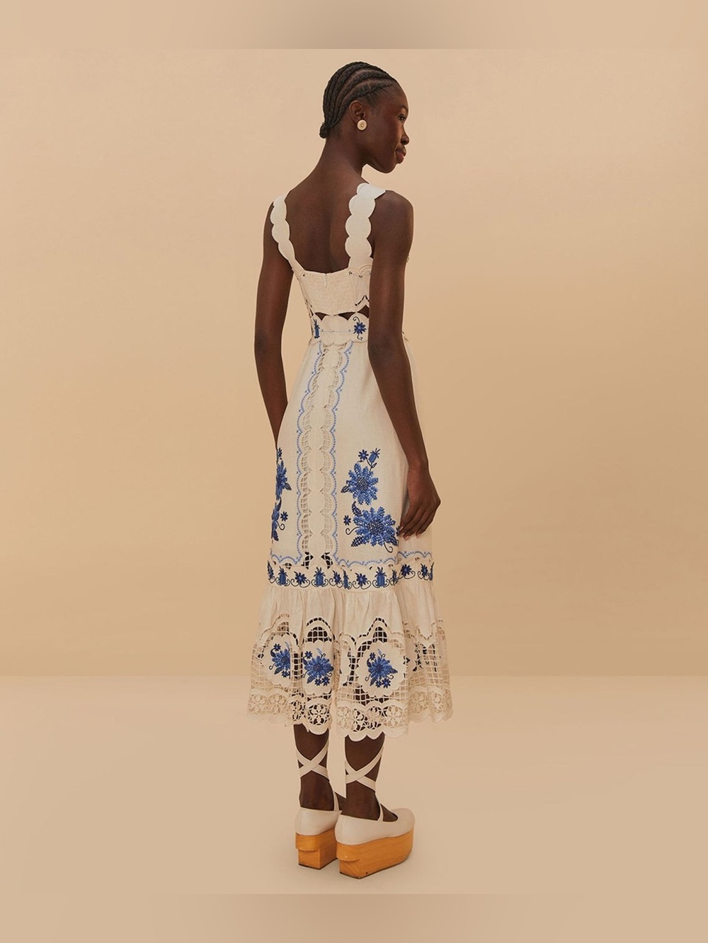 Farm Rio Cross Stitch Richelieu Sunflower Midi Dress white and blue sundress - Picture 4 of 10